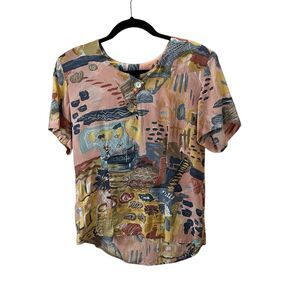 Vintage Susan Burrowes Pink Blue Art to Wear Short Sleeve Button Neck Top PS/PM
